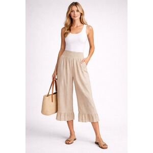 Womens XL Tan Cropped Wide Leg Pants Smocked‎ Waist Flowy Lounge 25" Inseam